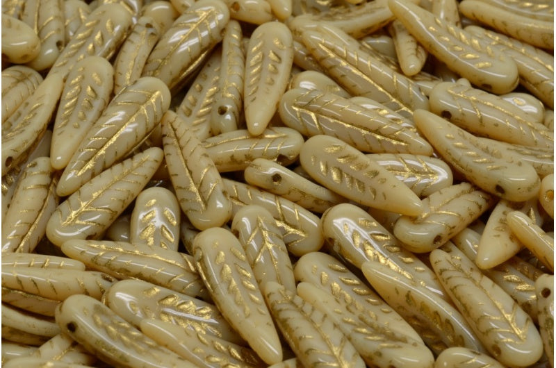 Bird Feather Beads, Beige Gold Lined (13020-54302), Glass, Czech Republic