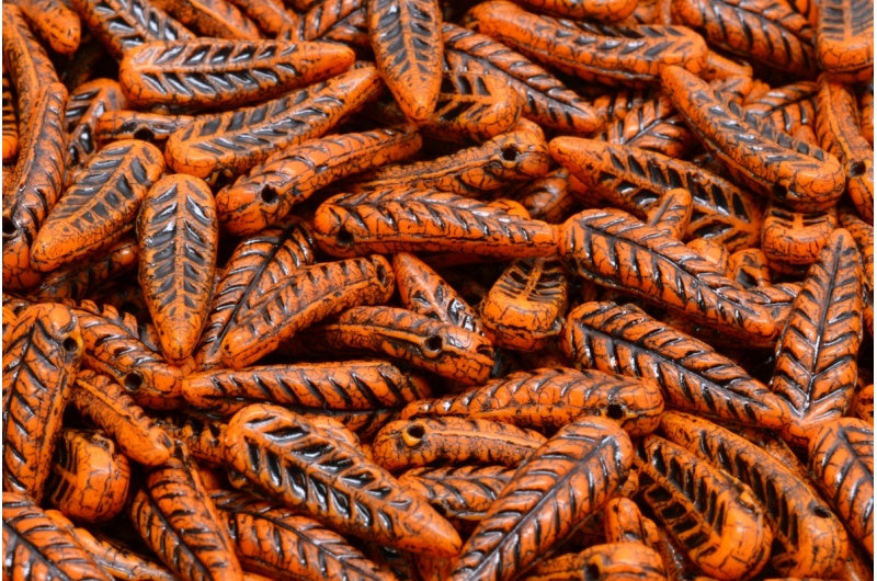 Bird Feather Beads, Opaque Orange Black Lined (93130-46441), Glass, Czech Republic