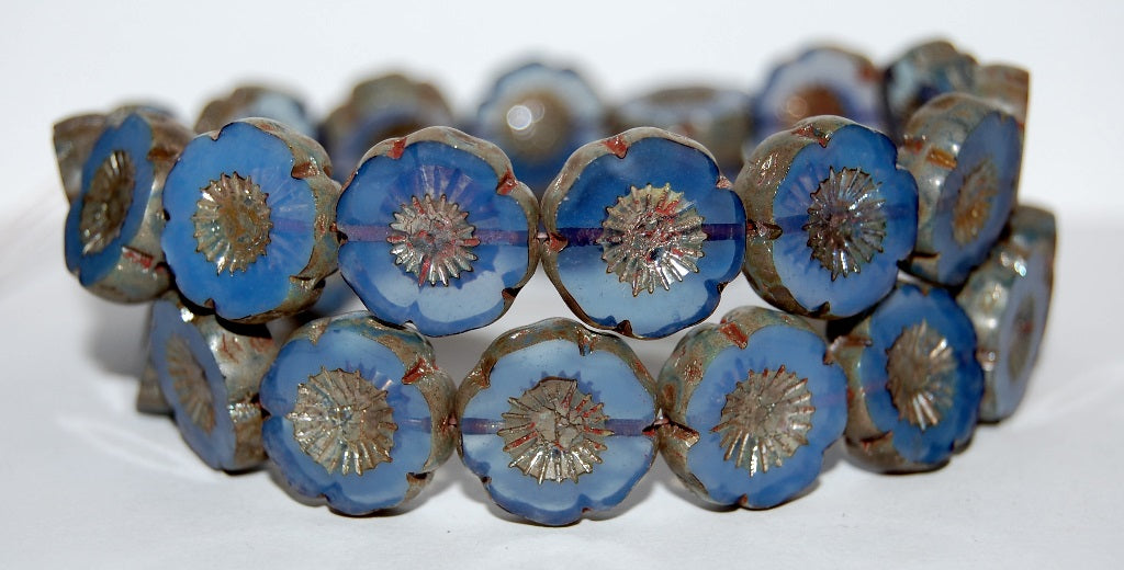 Table Cut Round Beads Hawaii Flowers, Opal Blue 43400 (31000 43400), Glass, Czech Republic