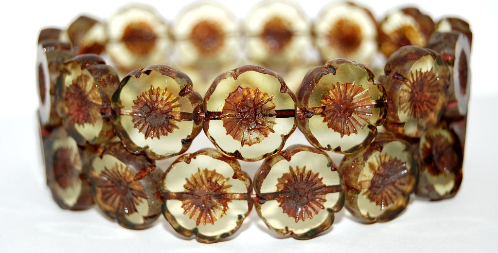 Table Cut Round Beads Hawaii Flowers, Transparent Yellow Travertin (80130 86800), Glass, Czech Republic