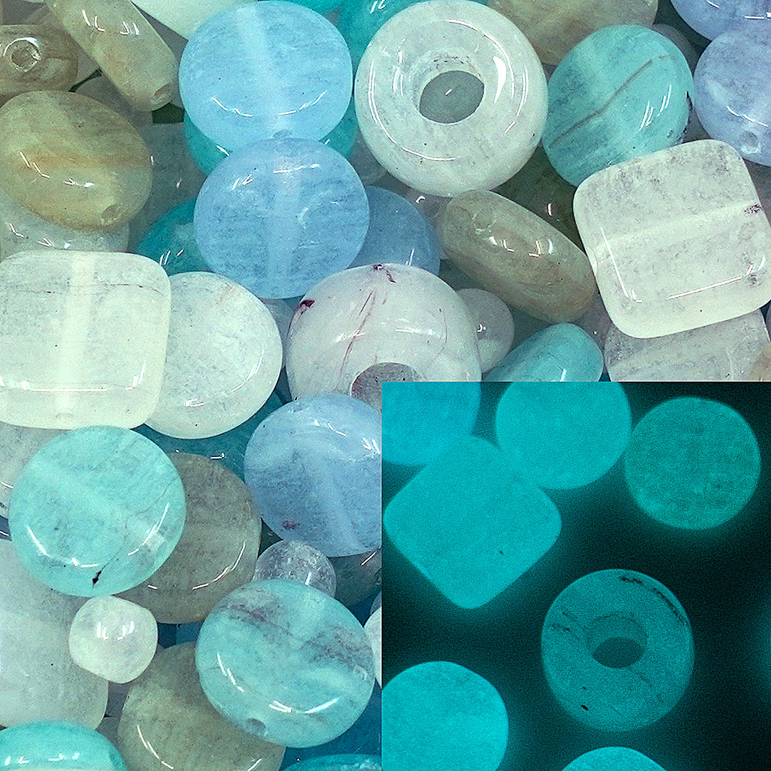 Mix of glass beads for jewelry making, Tile Pony Round Coin, Czech Republic, Glow in the Dark Bright Blue