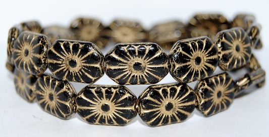 Rounded Rectangle With Flower Pressed Glass Beads, Black 54202 (23980 54202), Glass, Czech Republic