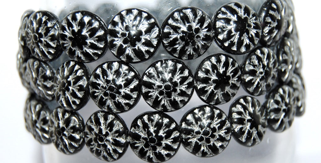 Round Flower Edelweiss Pressed Glass Beads, Black 54201 (23980 54201), Glass, Czech Republic