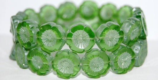 Table Cut Round Beads Hawaii Flowers, Transparent Green Luster Cream (50130 14401), Glass, Czech Republic