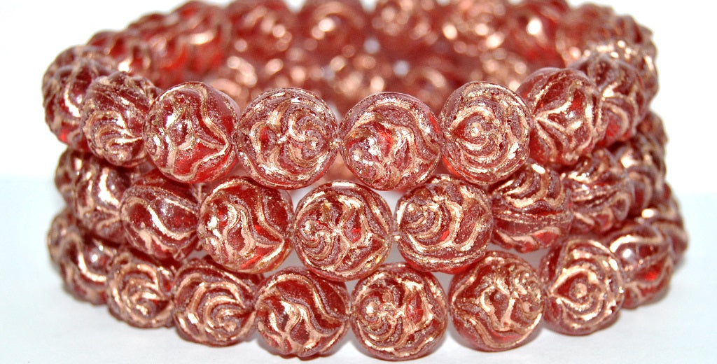 Round Rose Pressed Glass Beads, Transparent Red 54200 Antiq (90060 54200 Antiq), Glass, Czech Republic