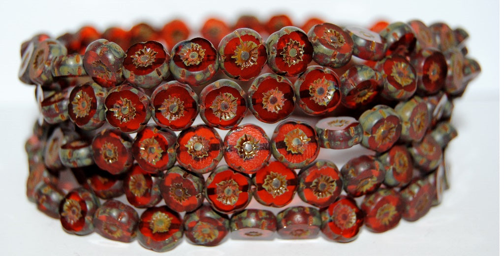 Table Cut Round Beads Hawaii Flowers, Transparent Orange Travertin (90030 86800), Glass, Czech Republic