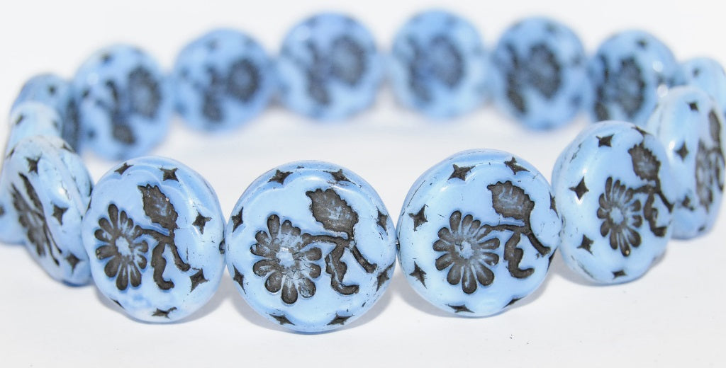 Round Flat With Flower Marguerite Pressed Glass Beads, (7624 23202), Glass, Czech Republic