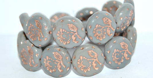 Round Flat With Flower Marguerite Pressed Glass Beads, Opaque Gray 54200 (43030 54200), Glass, Czech Republic