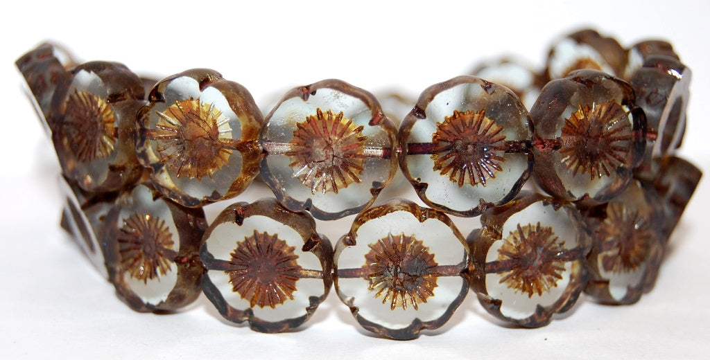 Table Cut Round Beads Hawaii Flowers, Transparent Blue Travertin (30010 86800), Glass, Czech Republic