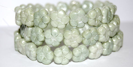 5-Petal Flower Pressed Glass Beads, Chalk White Luster Green Full Coated (3000 14457), Glass, Czech Republic