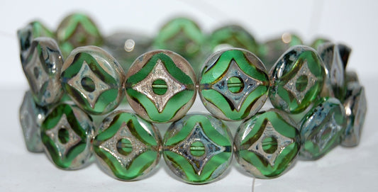 Table Cut Round Beads With Star, Transparent Green 43400 (50220 43400), Glass, Czech Republic