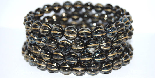 Melon Round Pressed Glass Beads With Stripes, Black 43 54202 (23980 43 54202), Glass, Czech Republic