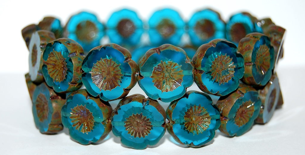 Table Cut Round Beads Hawaii Flowers, Transparent Aqua Travertin (60050 86800), Glass, Czech Republic