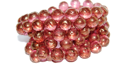 Round Pressed Glass Beads With Rose, Transparent Pink Luster Red Full Coated (70120 14495), Glass, Czech Republic
