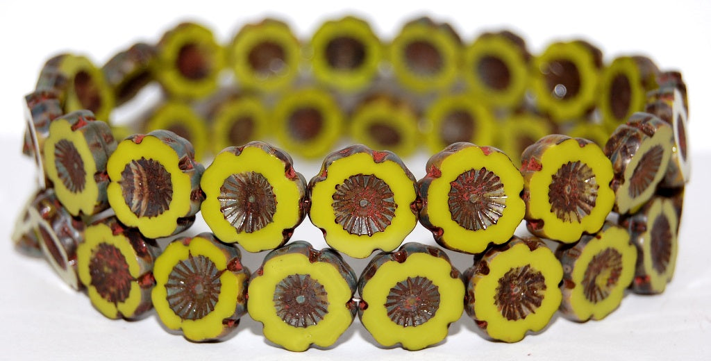 Table Cut Round Beads Hawaii Flowers, Opaque Green Travertin (53410 86800), Glass, Czech Republic