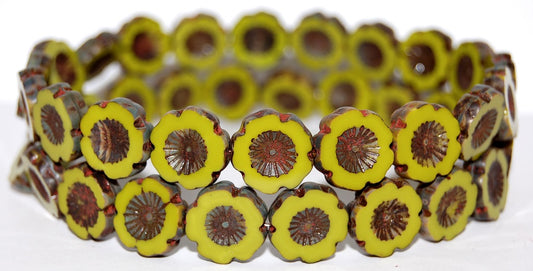 Table Cut Round Beads Hawaii Flowers, Opaque Green Travertin (53410 86800), Glass, Czech Republic