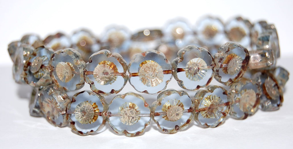 Table Cut Round Beads Hawaii Flowers, Transparent Blue 43400 (30020 43400), Glass, Czech Republic