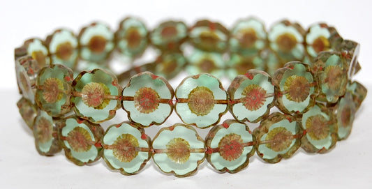 Table Cut Round Beads Hawaii Flowers, Transparent Green Travertin (50500 86800), Glass, Czech Republic