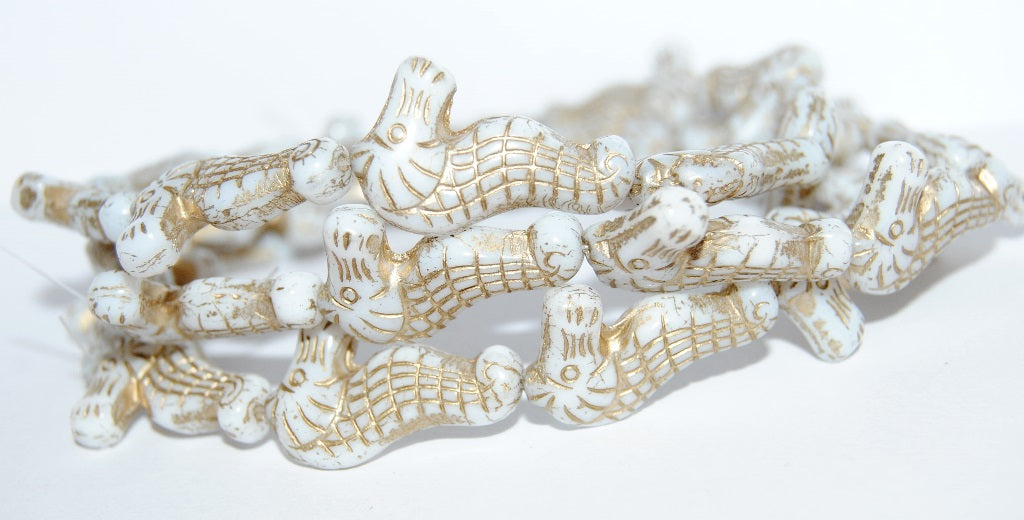 Seahorse Pressed Glass Beads, White 54202 (2010 54202), Glass, Czech Republic