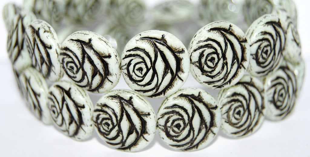 Round Flat Rose Flower Pressed Glass Beads, Beige 23202 (84000 23202), Glass, Czech Republic