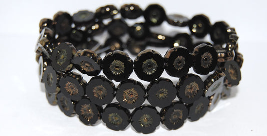 Table Cut Round Beads Hawaii Flowers, Black Luster Red Full Coated (23980 14495), Glass, Czech Republic