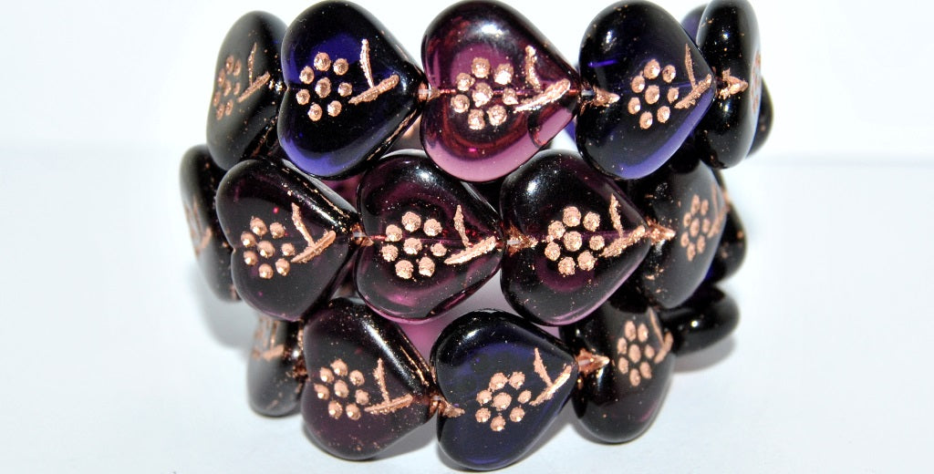 Heart With Simple Flower Pressed Glass Beads, Amethyst Mixed Colors 54200 (Amethyst Mix 54200), Glass, Czech Republic