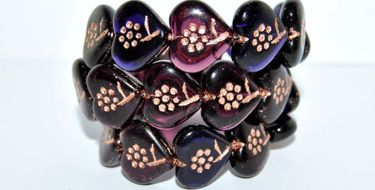 Heart With Simple Flower Pressed Glass Beads, Amethyst Mixed Colors 54200 (Amethyst Mix 54200), Glass, Czech Republic