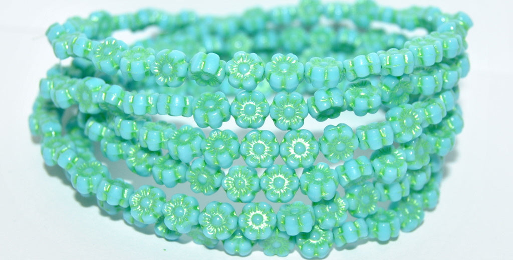 Hawaii Flower Pressed Glass Beads, Turquoise Blue 43813 Metalic (63030 43813 Metalic), Glass, Czech Republic