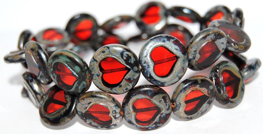 Table Cut Round Beads With Heart, Ruby Red 43400 (90080 43400), Glass, Czech Republic