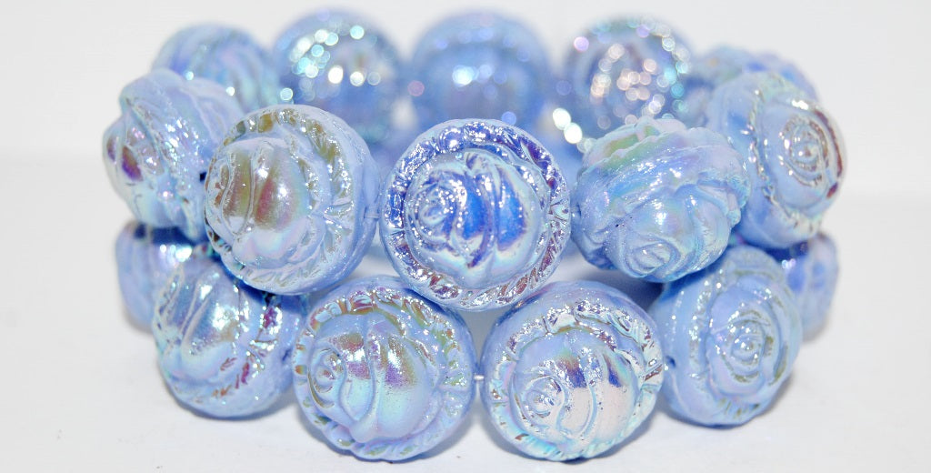 Round With Rose Flower Pressed Glass Beads, Light Blue Ab 2X (33000 Ab 2X), Glass, Czech Republic