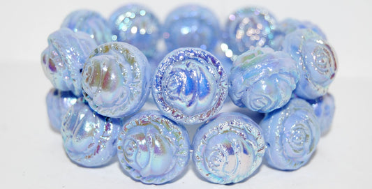 Round With Rose Flower Pressed Glass Beads, Light Blue Ab 2X (33000 Ab 2X), Glass, Czech Republic