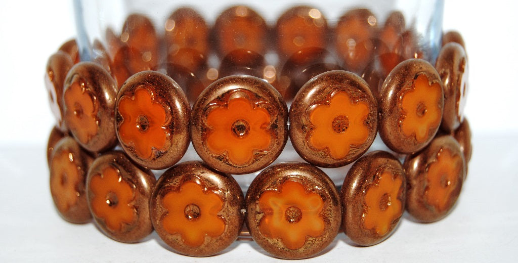 Table Cut Round Beads With Flower, 81260 Bronze (81260 14415), Glass, Czech Republic