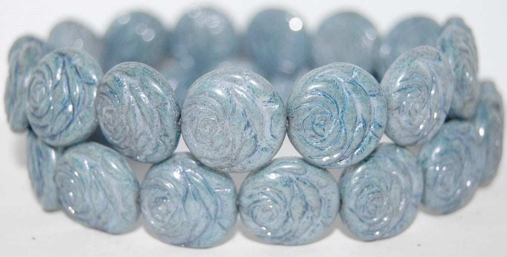 Round Flat Rose Flower Pressed Glass Beads, White Luster Blue Full Coated (2010 14464), Glass, Czech Republic