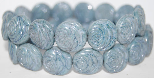 Round Flat Rose Flower Pressed Glass Beads, White Luster Blue Full Coated (2010 14464), Glass, Czech Republic