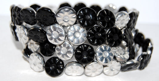Flower Pressed Glass Beads, Black Crystal Silver Half Coating (23980 27001), Glass, Czech Republic