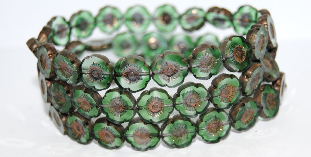 Table Cut Round Beads Hawaii Flowers, 5050130 Bronze Matte (5050130 14415M), Glass, Czech Republic