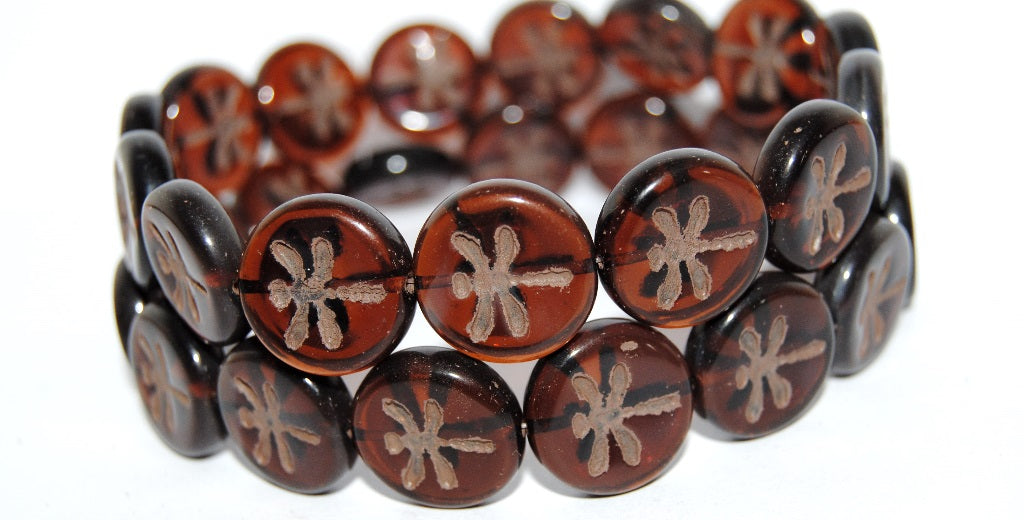 Round Flat Wit Dragonfly Pressed Glass Beads, Opal Beige 47510 (11210 47510), Glass, Czech Republic