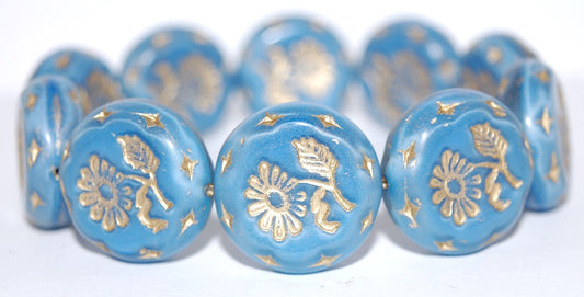 Round Flat With Flower Marguerite Pressed Glass Beads, Turquise 54202 (64020 54202), Glass, Czech Republic