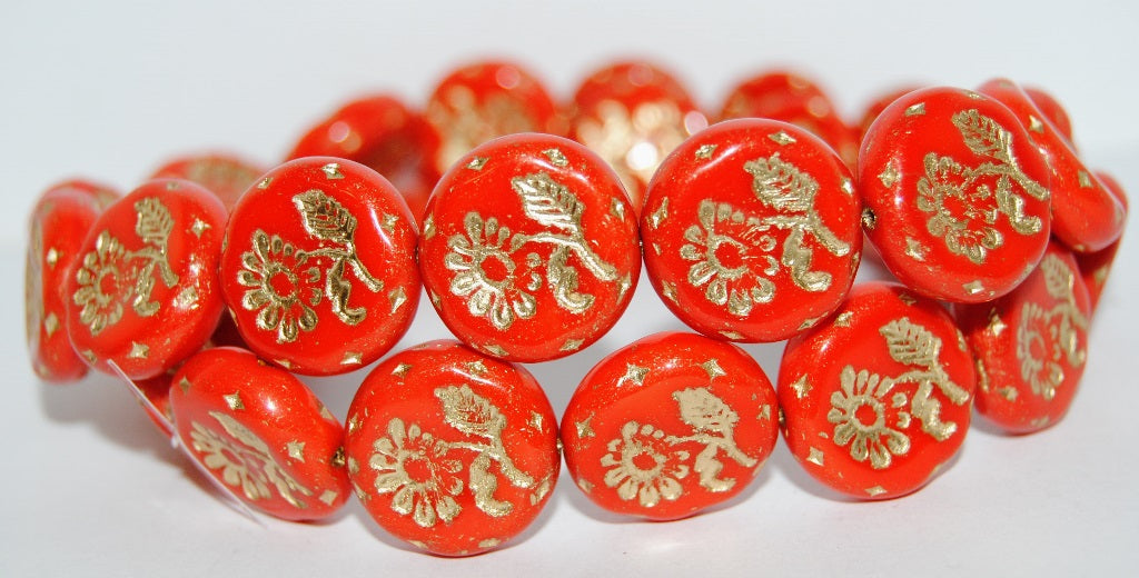 Round Flat With Flower Marguerite Pressed Glass Beads, Opaque Orange 54202 (93160 54202), Glass, Czech Republic