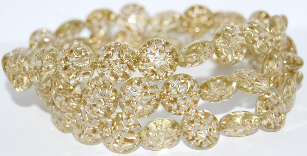 Lentil Round With Ornament Brain Pressed Glass Beads, Transparent Yellow 54202 (80100 54202), Glass, Czech Republic