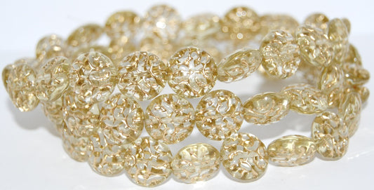 Lentil Round With Ornament Brain Pressed Glass Beads, Transparent Yellow 54202 (80100 54202), Glass, Czech Republic