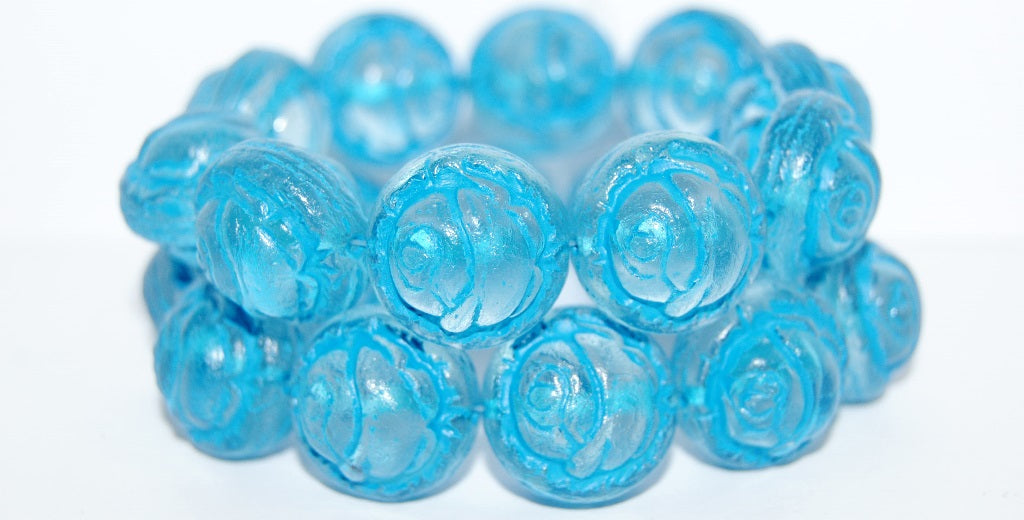 Round With Rose Flower Pressed Glass Beads, Transparent Aqua 46460 (60010 46460), Glass, Czech Republic