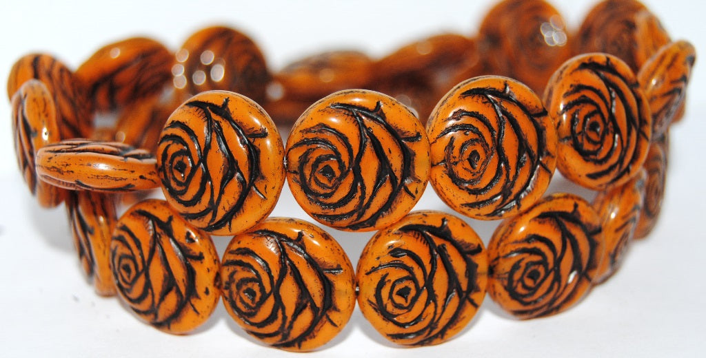 Round Flat Rose Flower Pressed Glass Beads, (81260 23202), Glass, Czech Republic