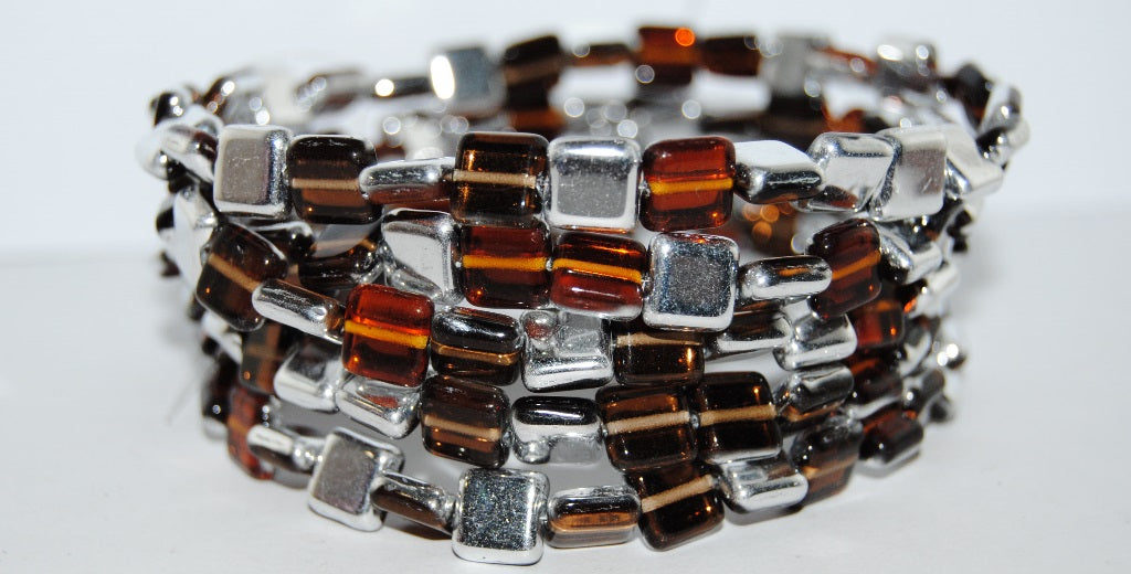 Flat Square Pressed Glass Beads, Mixed Colors Topaz Crystal Silver Half Coating (Mix Topaz 27001), Glass, Czech Republic