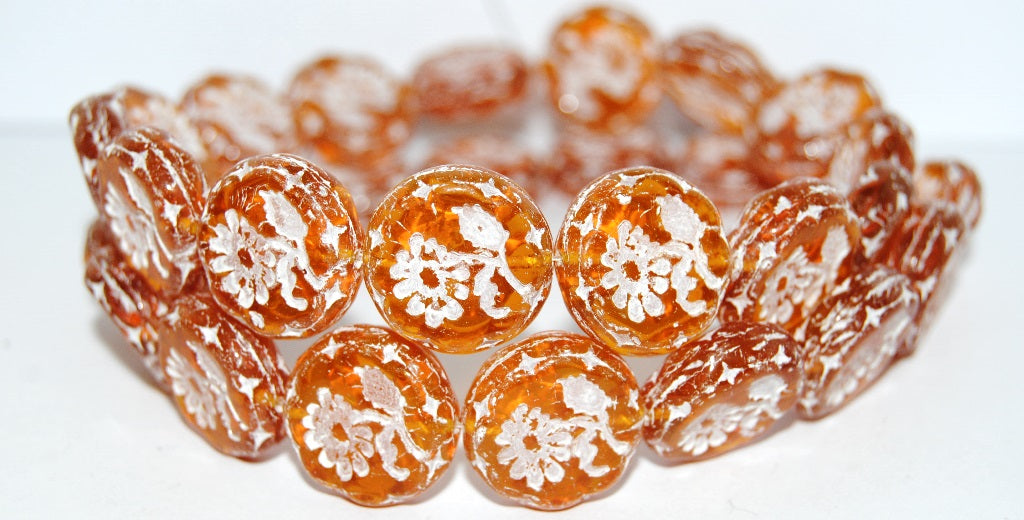 Round Flat With Flower Marguerite Pressed Glass Beads, (10020 46401), Glass, Czech Republic