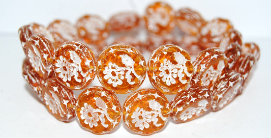 Round Flat With Flower Marguerite Pressed Glass Beads, (10020 46401), Glass, Czech Republic