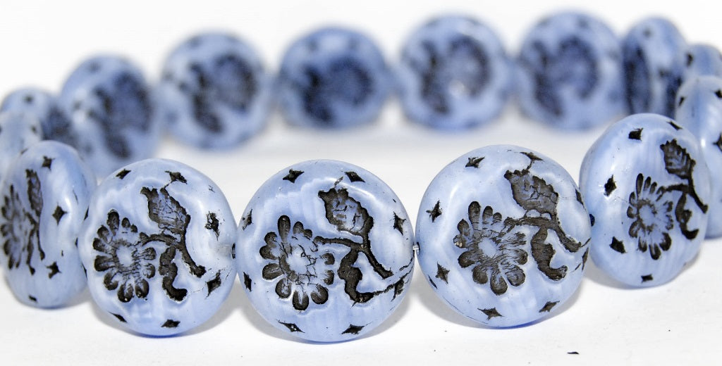 Round Flat With Flower Marguerite Pressed Glass Beads, (36016 23202), Glass, Czech Republic