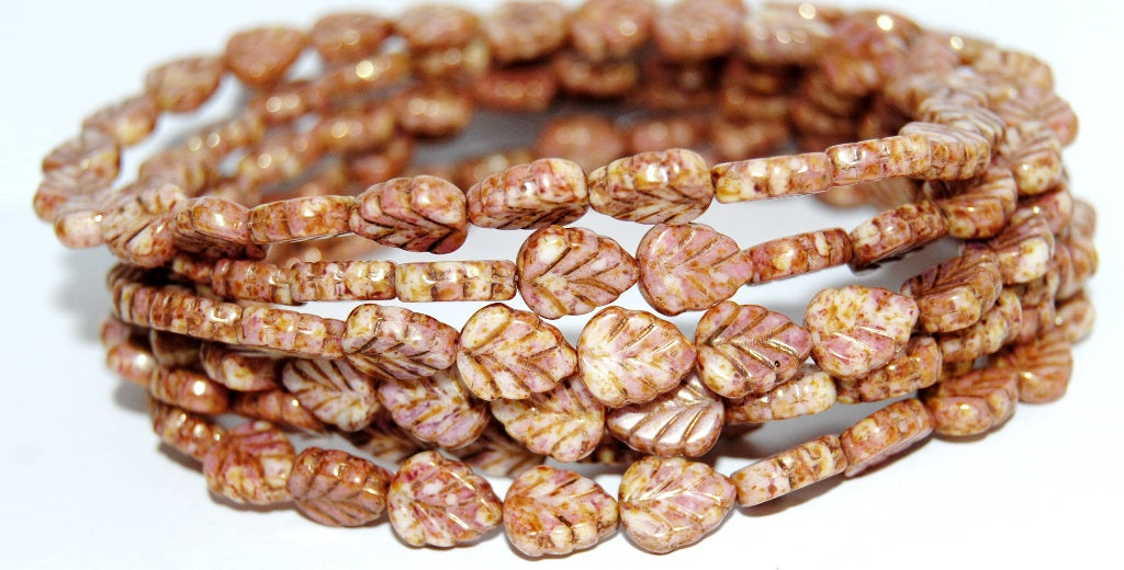 Lilac Leaf Pressed Glass Beads, Chalk White Senegal Red (3000 15675), Glass, Czech Republic