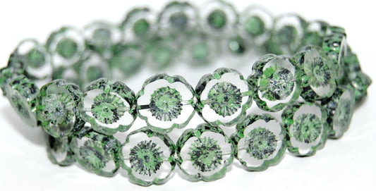 Table Cut Round Beads Hawaii Flowers, Lava Glass Crystal Black Green (Lava Glass 30 Black Green), Glass, Czech Republic