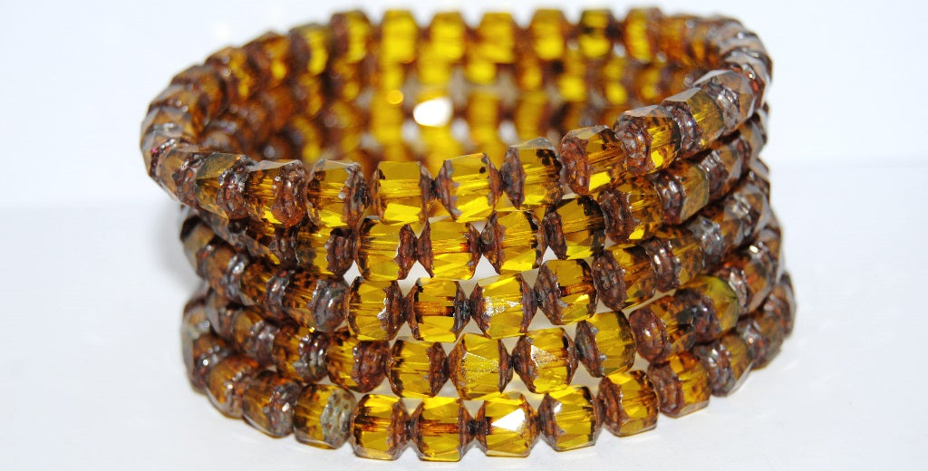 Faceted Cathedral Fire Polished Glass Beads, Transparent Yellow Travertin (80020 86800), Glass, Czech Republic